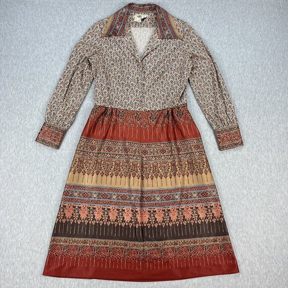 Vintage 70s Honeycomb Western Dress Womens M 8 Earth Tones Prairie Cottagecore - Picture 2 of 16